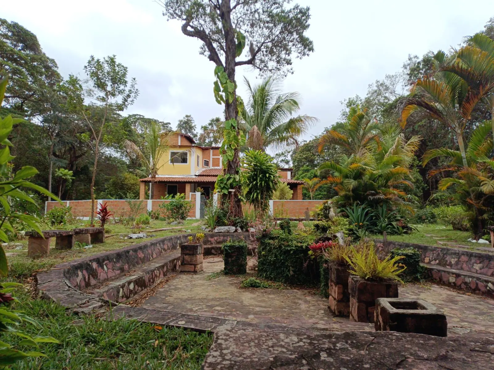 Área externa arborizada com vista para as construções