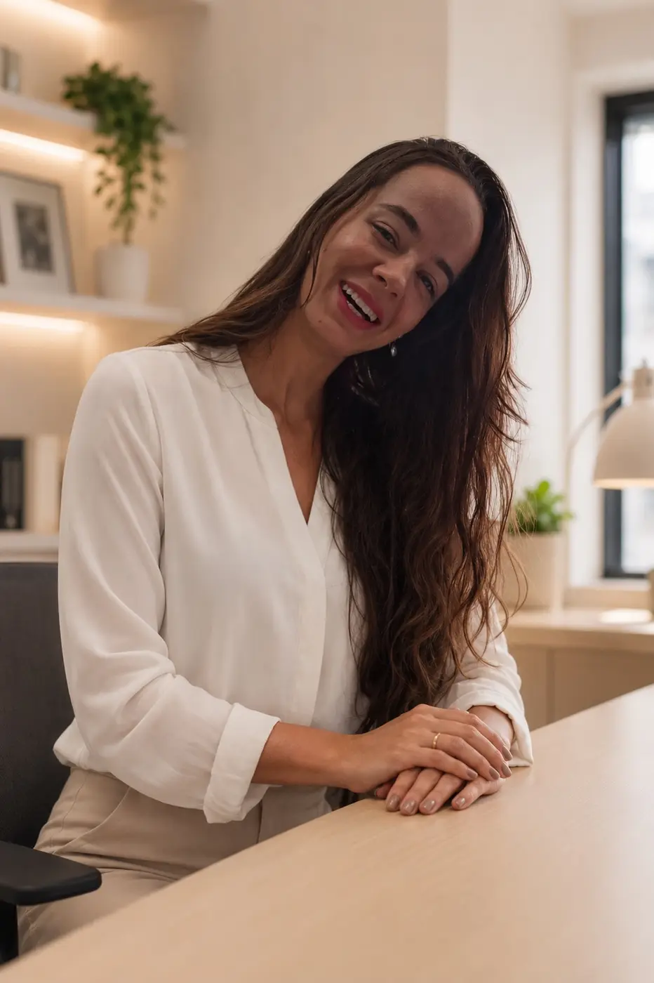 Regina Teles em seu ambiente de trabalho